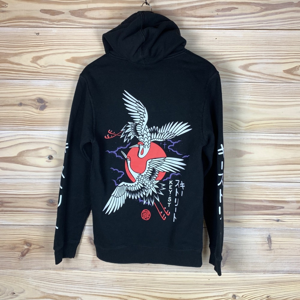 Key Street Hoodie Mens S Black Japanese Crane Sun Graphic Streetwear Sweatshirt